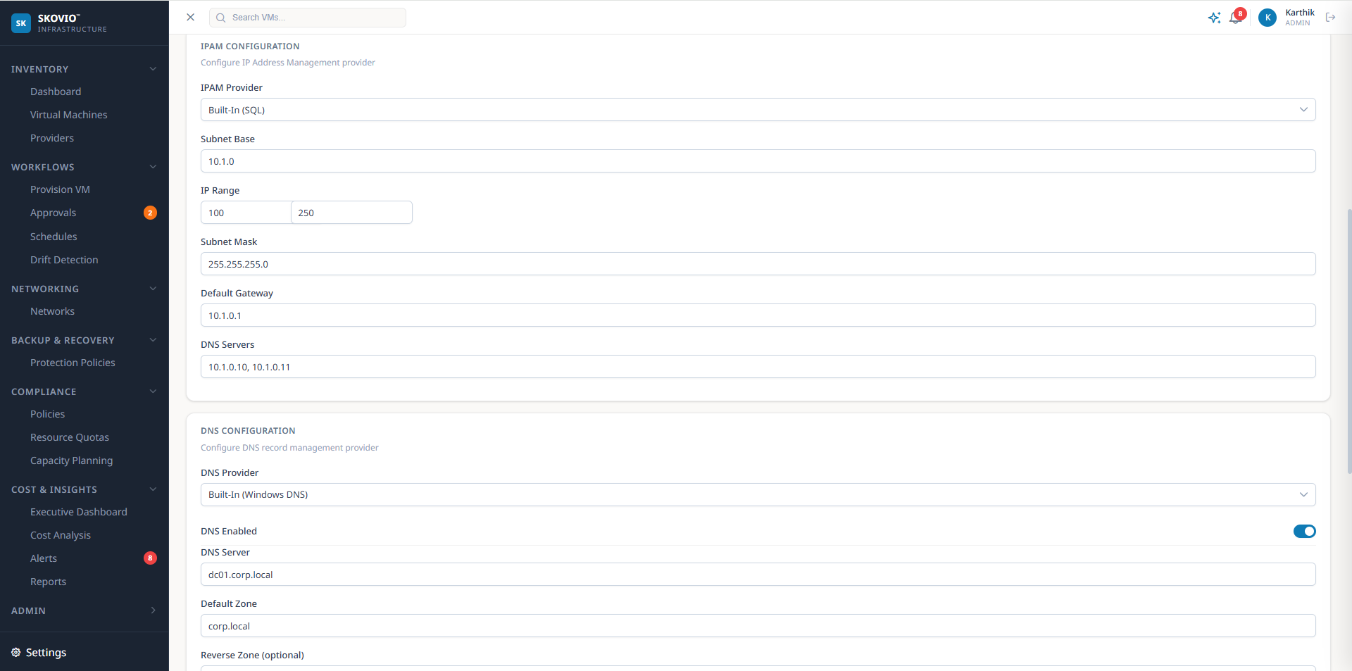 Skovio Settings — IPAM & DNS