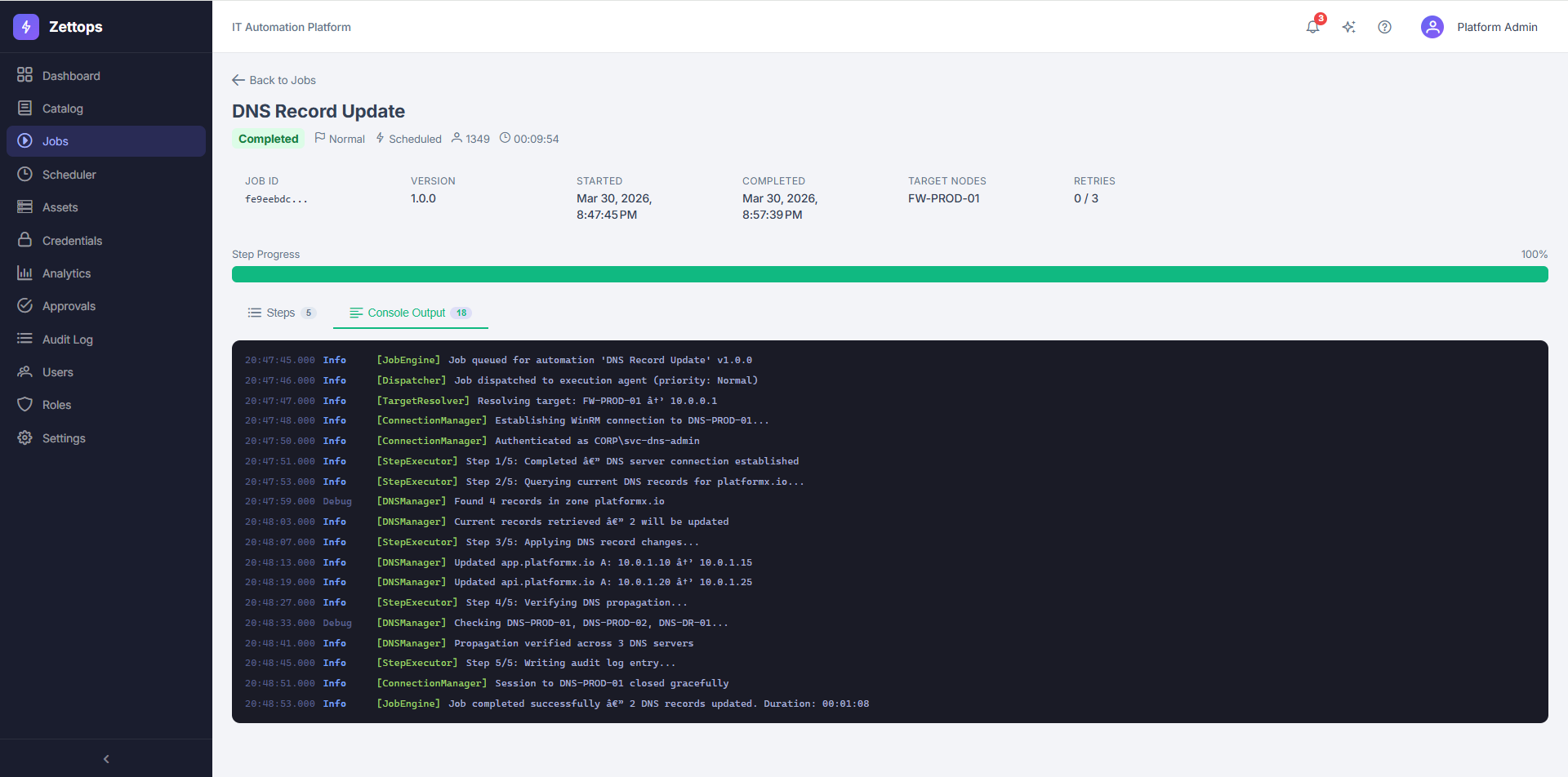 Zettops Console Output